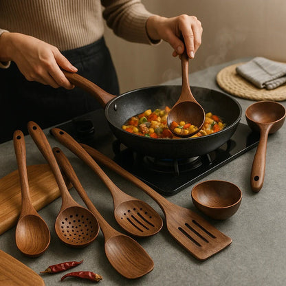 Teak Wood Utensil Set with Polished Food-Safe Finish and Ergonomic Handles, 4-Piece