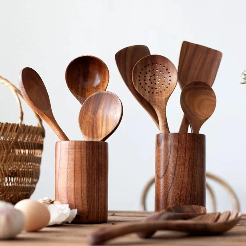 Teak Wood Utensil Set with Polished Food-Safe Finish and Ergonomic Handles, 4-Piece