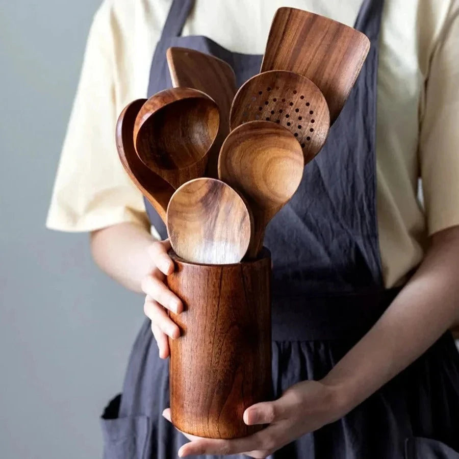 Teak Kitchen Utensil Set with Polished Food-Safe Finish and Ergonomic Handles, Spoon Spatula Ladle Turner Zolana