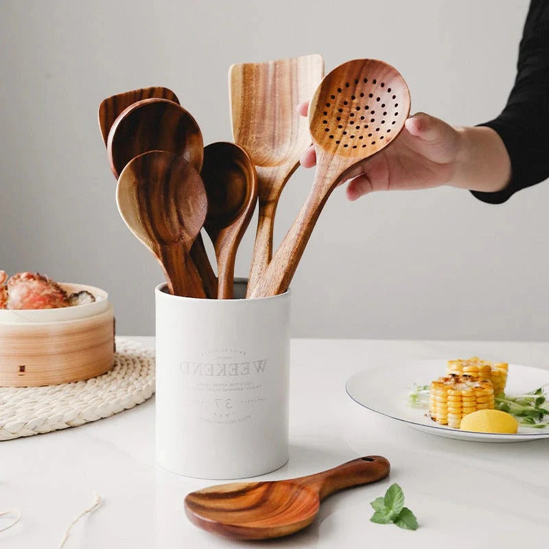 Teak Kitchen Utensil Set with Polished Food-Safe Finish and Ergonomic Handles, Spoon Spatula Ladle Turner Zolana