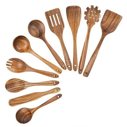 Teak Wood Utensil Set with Polished Food-Safe Finish and Ergonomic Handles, 4-Piece