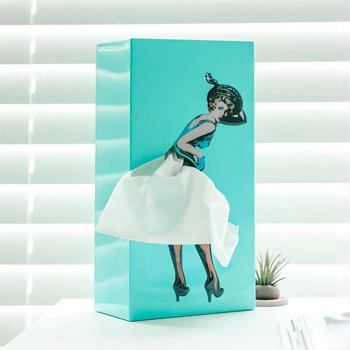 Tissue Box Cover with Whimsical Skirt Motion and Weighted Base, Fits Standard Boxes