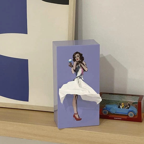 Tissue Box Cover with Whimsical Skirt Motion and Weighted Base, Fits Standard Boxes