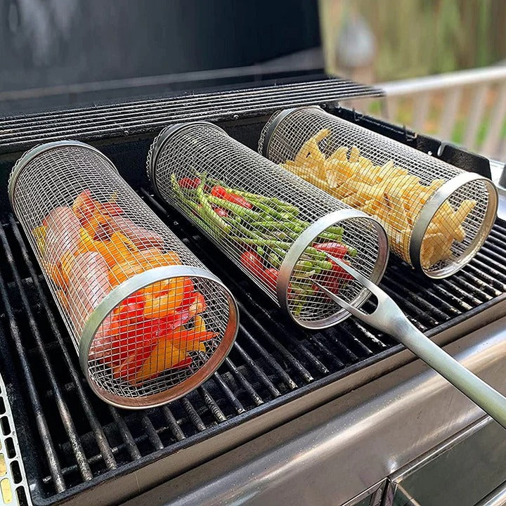 Rotisserie Grill Basket with Movable Door and Locking Latch, Stainless Steel