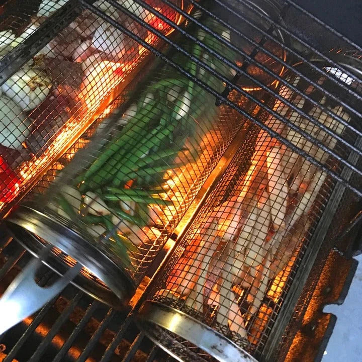 Rotisserie Grill Basket with Movable Door and Locking Latch, Stainless Steel Mesh Zolana