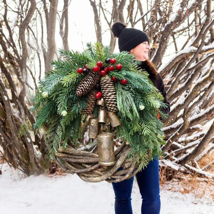 Christmas Wreath with Bohemian Vine Base and Metal Bells, Pinecones, Berries Zolana