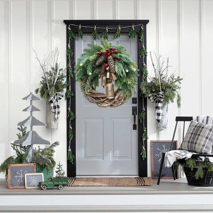 Christmas Wreath with Handmade Vine Base and Metal Bell Cluster, 17-Inch Weather-Resistant