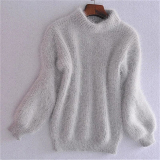 Angora Knit Sweater with Relaxed Oversized Fit and Crew Neck, Lightweight Layering
