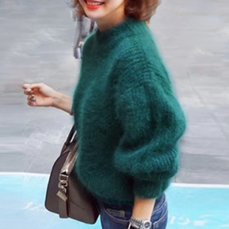 Angora Knit Sweater with Relaxed Oversized Fit and Crew Neck, Lightweight Layering