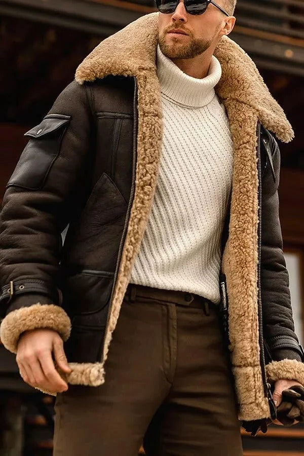 Sheepskin Leather Jacket for Men with Full Sheepskin Lining and Zip Front, Slim Fit