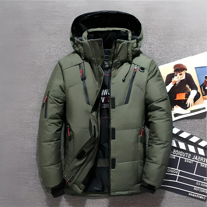 Insulated Down Jacket with Adjustable Hood and Zippered Pockets, Water-Repellent Shell