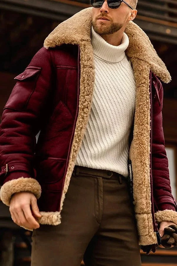 Sheepskin Leather Jacket for Men with Full Sheepskin Lining and Zip Front, Slim Fit