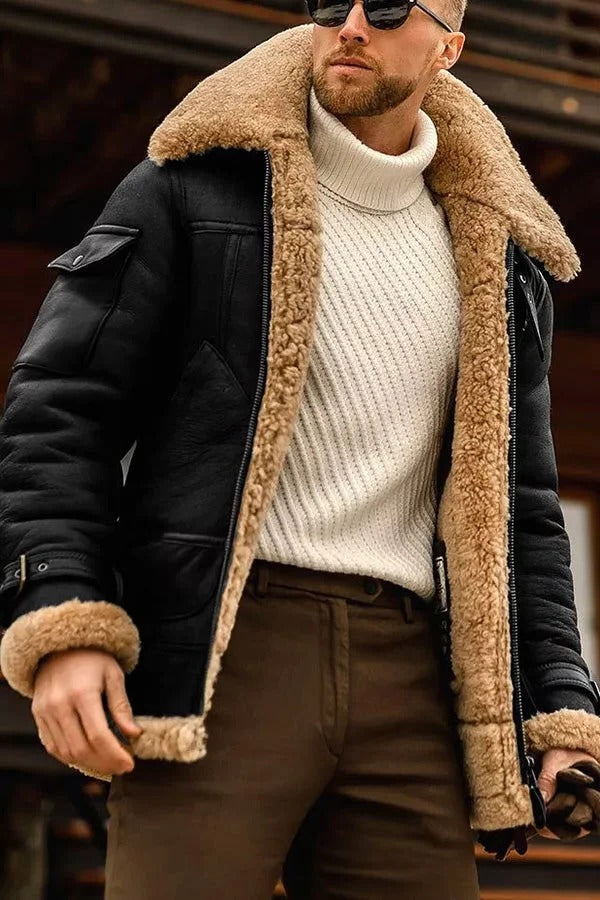 Sheepskin Jacket with Shearling Lining and Heavy-Duty Zipper, Trim Vintage Fit