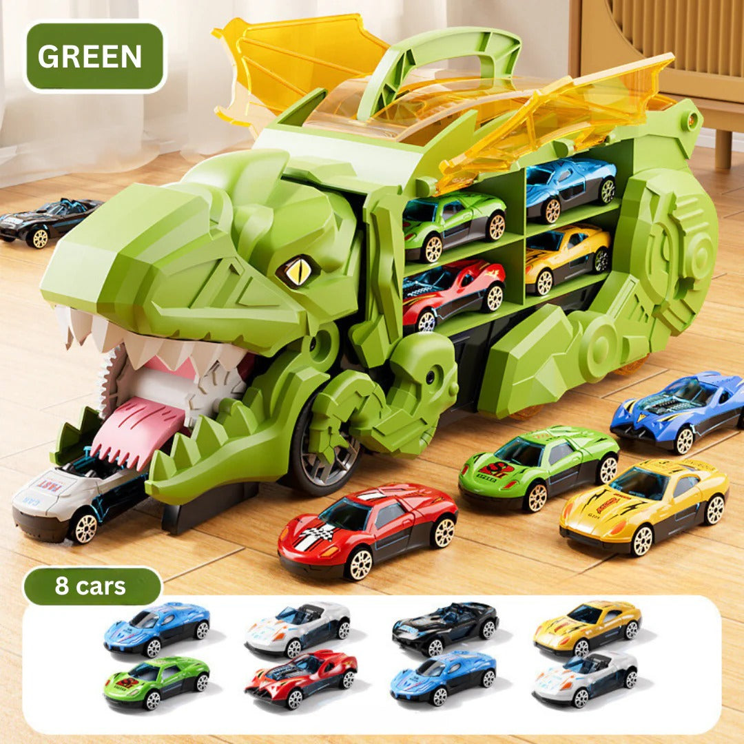 Transforming Dinosaur Truck Toy with Dual Racing Tracks and Built-In Car Storage