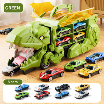 Transforming Dinosaur Truck Toy with Dual Racing Tracks and Built-In Car Storage