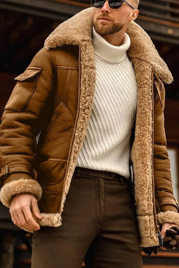 Sheepskin Jacket with Shearling Lining and Heavy-Duty Zipper, Trim Vintage Fit