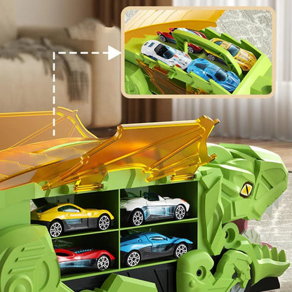 Transforming Dinosaur Truck Toy with Dual Racing Tracks and Built-In Car Storage
