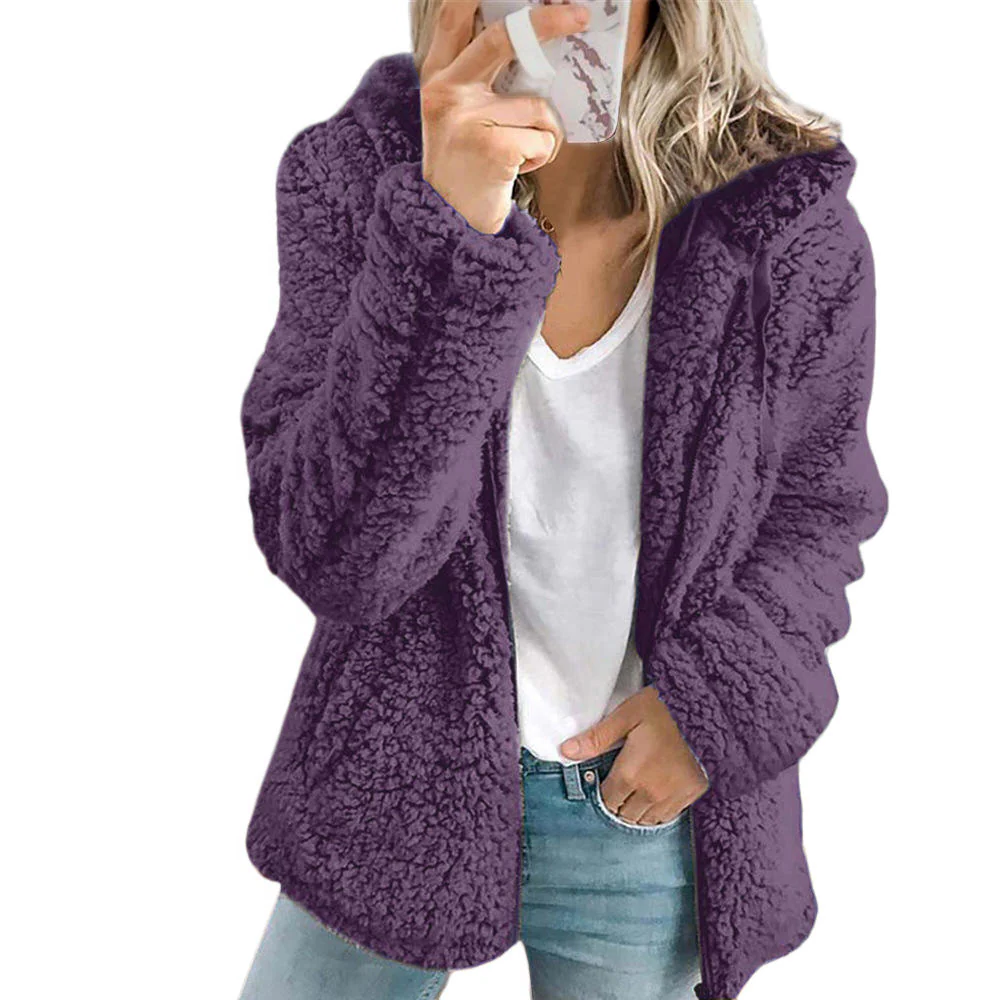 Teddy Fleece Coat with Full Zipper and Front Pockets, Relaxed Warm Fit
