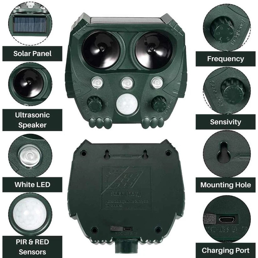 Motion Activated Animal Repellent with Ultrasonic Sound and Flashing Light, Solar Powered