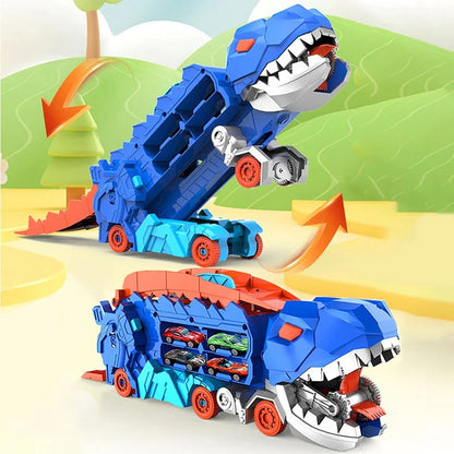 Transforming Dinosaur Truck Toy with Dual Racing Tracks and Built-In Car Storage