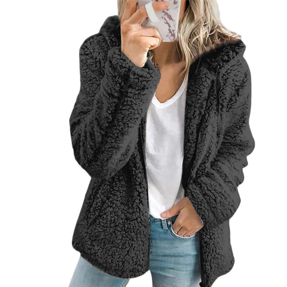 Teddy Fleece Coat with Full Zipper and Front Pockets, Relaxed Warm Fit
