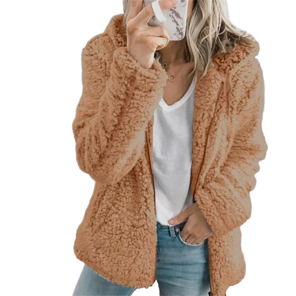 Teddy Fleece Coat with Full Zipper and Front Pockets, Relaxed Warm Fit