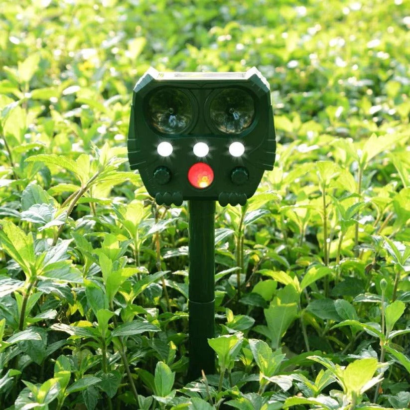 Motion Activated Animal Repellent with Ultrasonic Sound and Flashing Light, Solar Powered