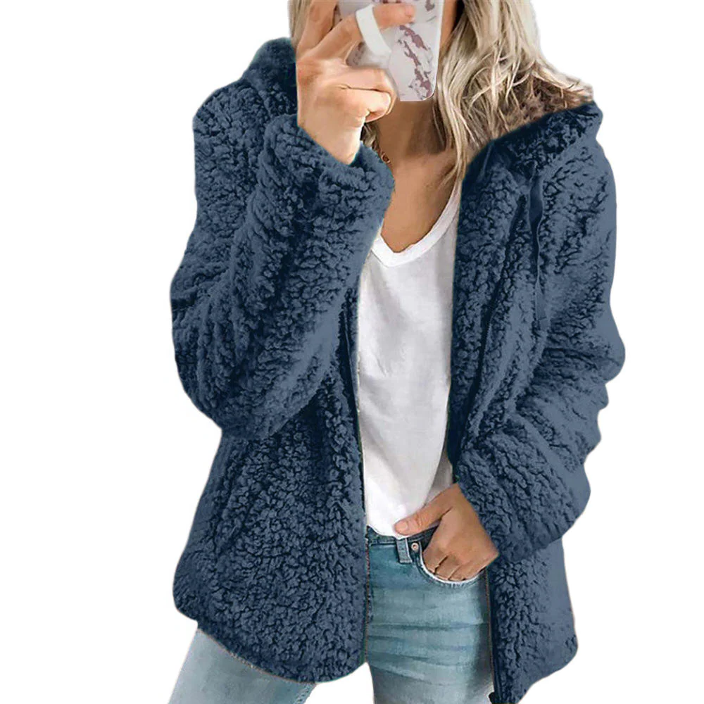 Teddy Fleece Coat with Full Zipper and Front Pockets, Relaxed Warm Fit