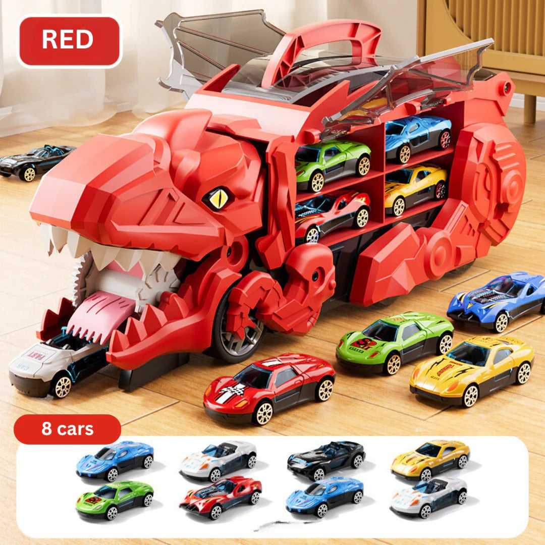 Transforming Dinosaur Truck Toy with Dual Racing Tracks and Built-In Car Storage