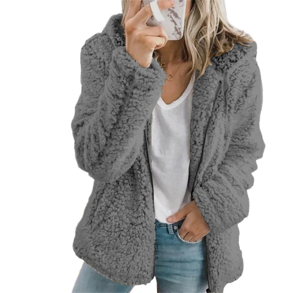 Teddy Fleece Coat with Full Zipper and Front Pockets, Relaxed Warm Fit