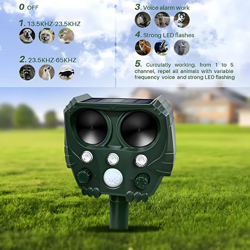 Ultrasonic Animal Repellent with Motion Sensor and Solar Power for Yard, 26 Ft Range