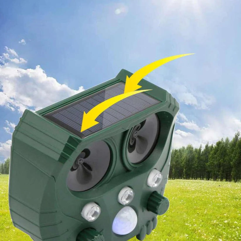 Motion Activated Animal Repellent with Ultrasonic Sound and Flashing Light, Solar Powered