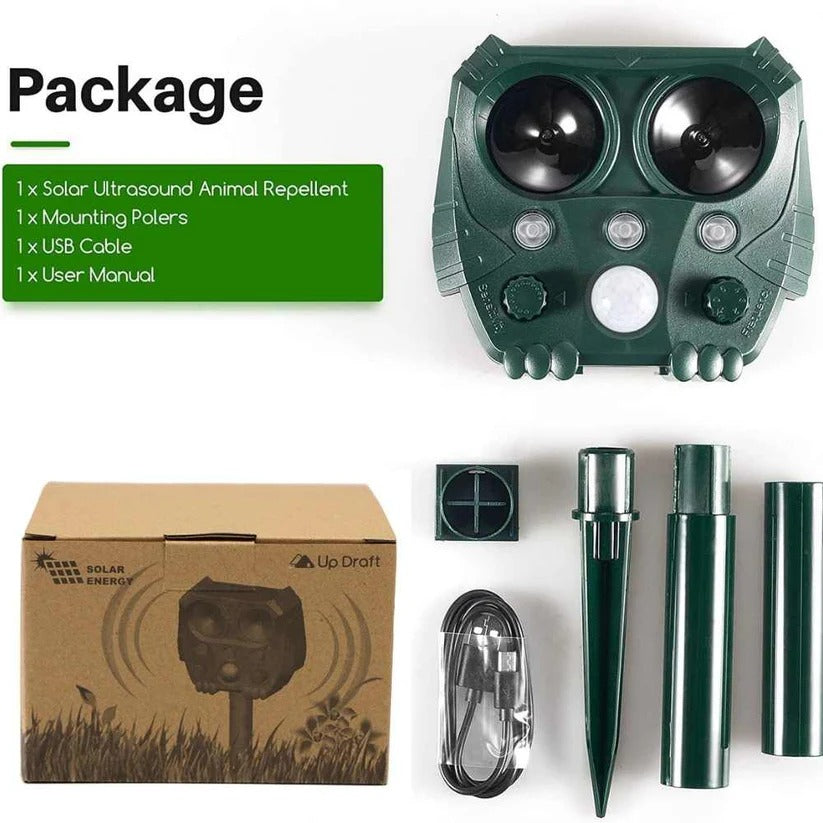 Motion Activated Animal Repellent with Ultrasonic Sound and Flashing Light, Solar Powered