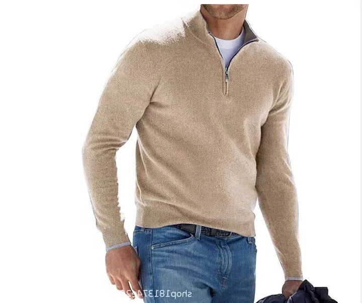 Cashmere Blend Sweater for Men with Zipper and Tailored Everyday Fit