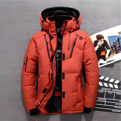 Insulated Down Jacket with Adjustable Hood and Zippered Pockets, Water-Repellent Shell