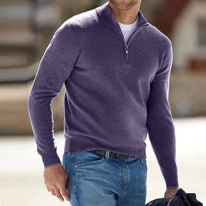 Cashmere Blend Sweater for Men with Zipper and Tailored Everyday Fit