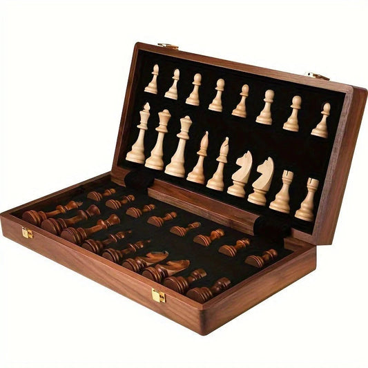 Solid Wood Chess Set with Weighted Pieces and Fixed Board, 34-Piece Compact Brown Zolana