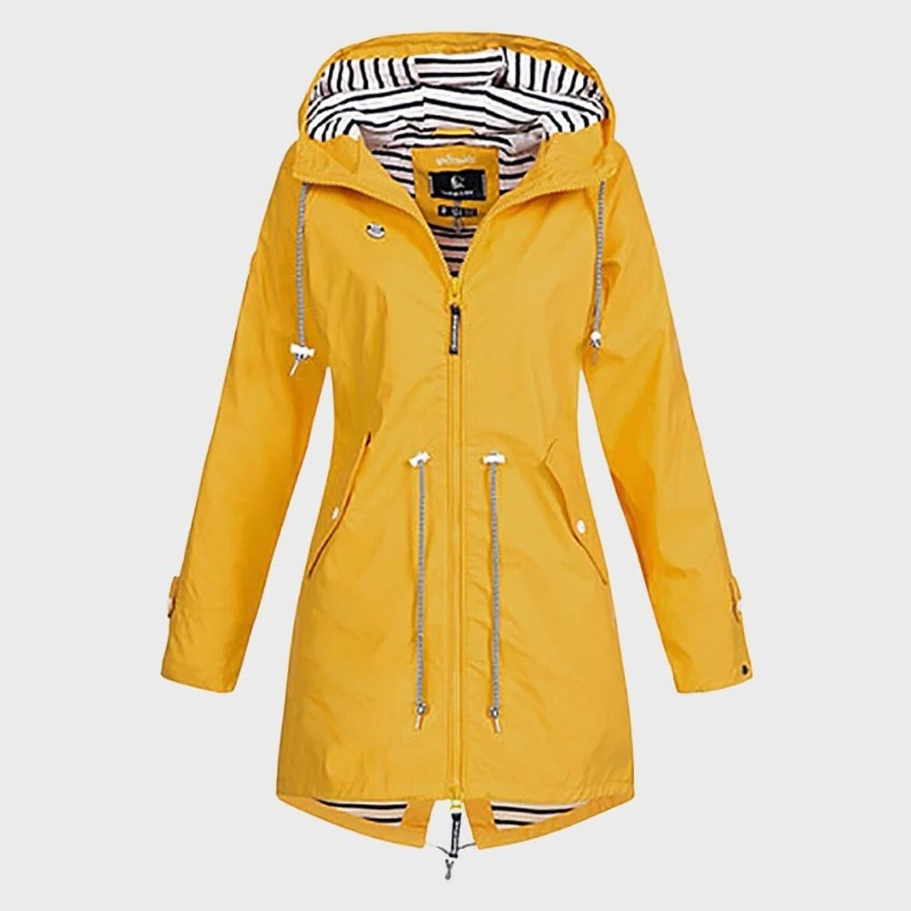 Women's Long Waterproof Jacket with Adjustable Hood and Breathable Lining, Tailored Fit