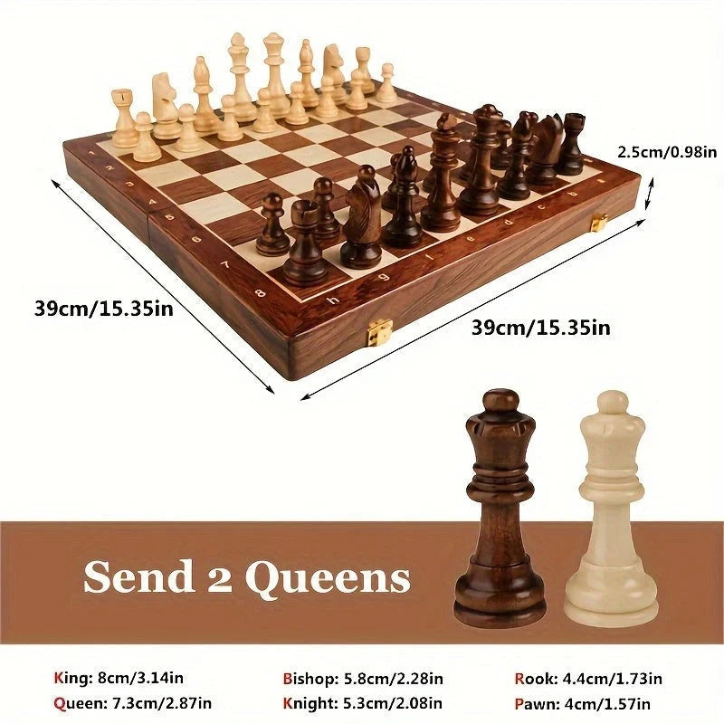 Solid Wood Chess Set with Weighted Pieces and Fixed Board, 34-Piece Compact Brown Zolana