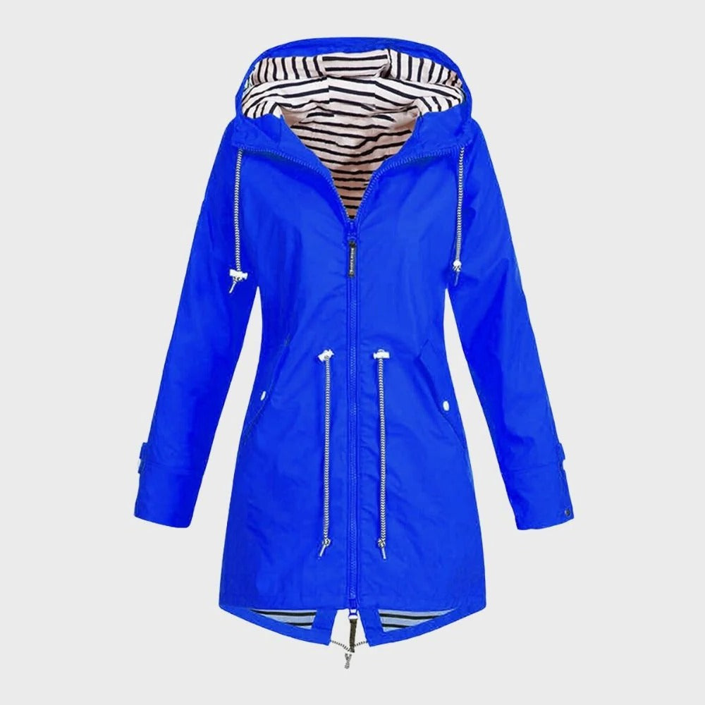 Women's Long Waterproof Jacket with Adjustable Hood and Breathable Lining, Tailored Fit