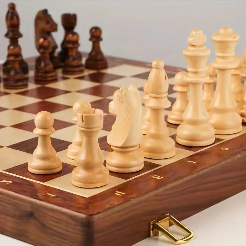 Solid Wood Chess Set with Weighted Pieces and Fixed Board, 34-Piece Compact Brown Zolana
