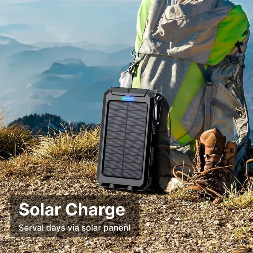 Solar Power Bank with 10000mAh Battery and Dual USB Ports, Integrated LED Flashlights
