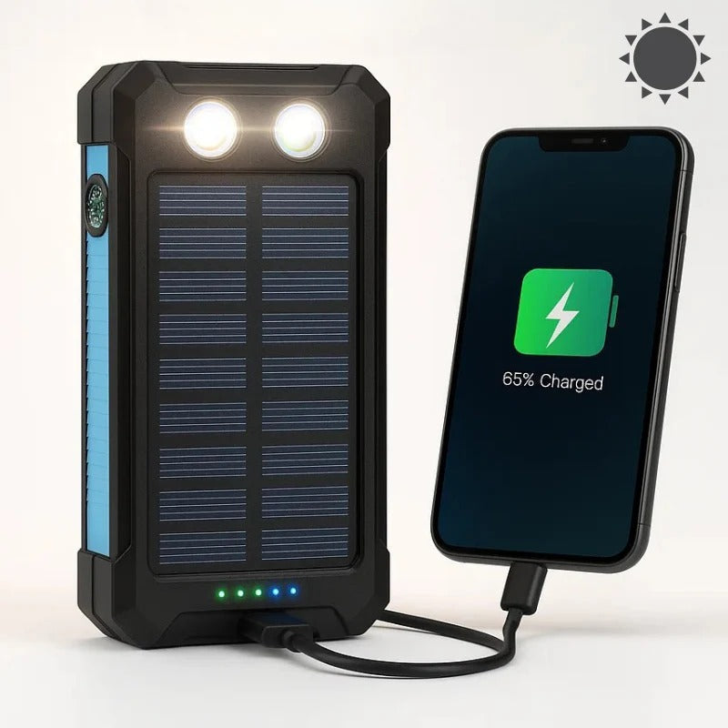 Solar Power Bank with 10000mAh Battery and Dual USB Ports, Integrated LED Flashlights