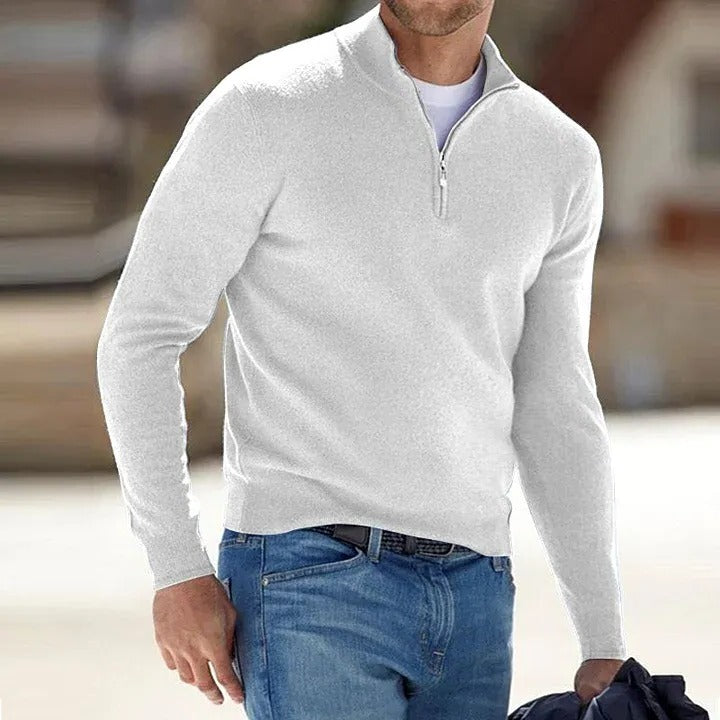Cashmere Blend Sweater for Men with Zipper and Tailored Everyday Fit