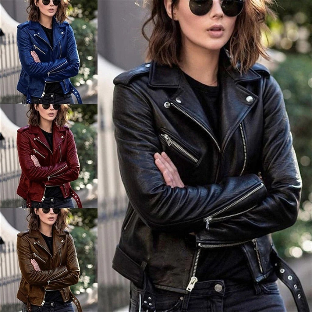 Leather Biker Jacket with Asymmetric Front Zip and Multiple Zip Pockets, Tailored Cut Zolana