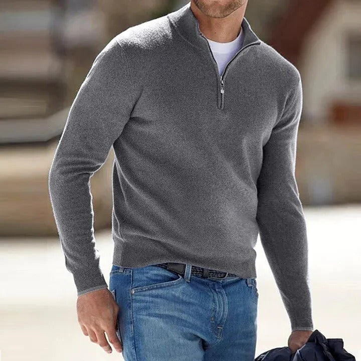 Cashmere Blend Sweater for Men with Zipper and Tailored Everyday Fit