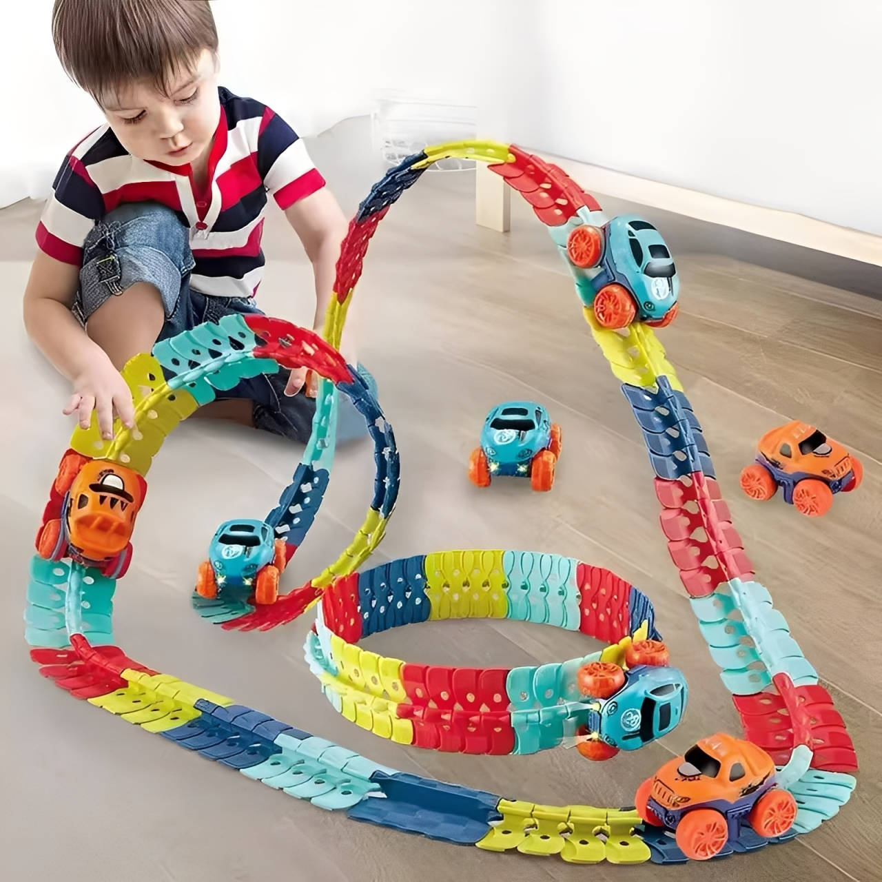 Glow in the Dark Race Track with Flexible Snap-Together Track and Anti-Tip Car for Kids Zolana