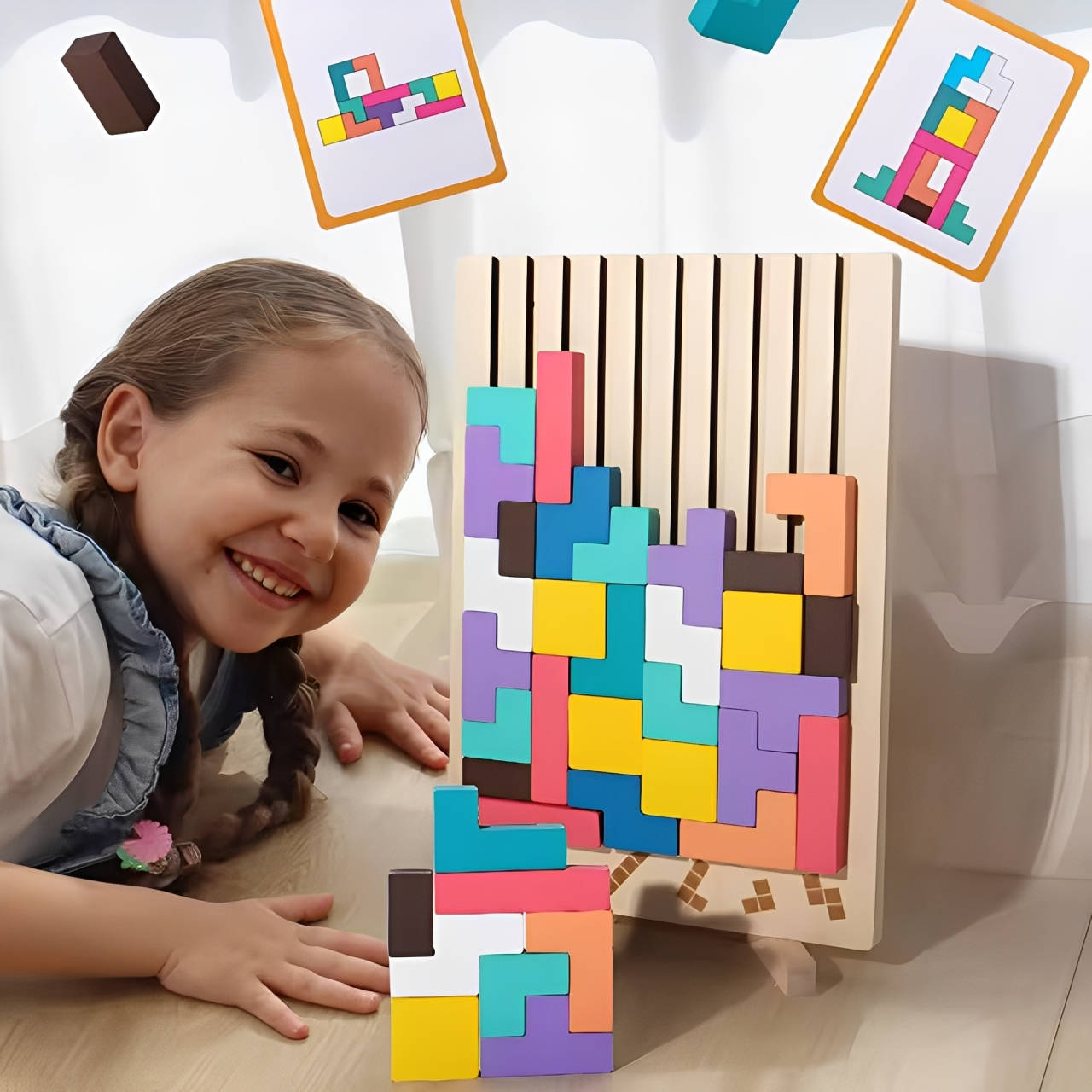 Wooden Learning Block Set with 42 Blocks and 10 Puzzle Cards, Foldout Play Board