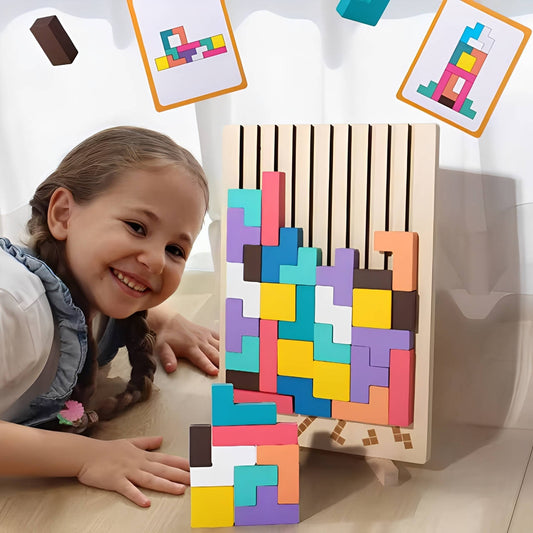 Wooden Learning Block Set with 42 Blocks and 10 Puzzle Cards, Foldout Play Board