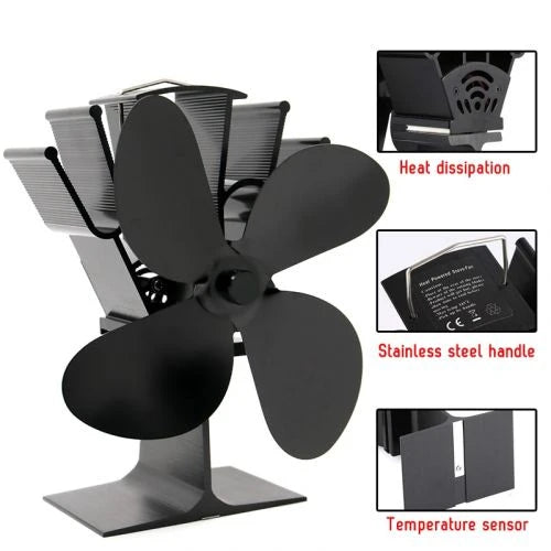 Wood Stove Fan with Heat-Powered Motor and Quiet 4-Blade Design, Anodized Aluminum Zolana